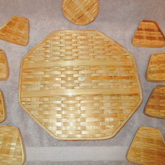 Vtg 70s Bamboo Wicker Serving Tray & Coasters 11 Piece Set Cocktails Party MCM - Picture 4 of 6